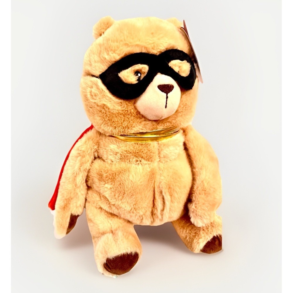 Gigglescape Super Hero Teddy Bear Plush Tan‎ Red Cape Gold Stars Mask New 12in